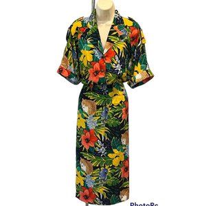 VINTAGE Hana Sung Floral  Elastic Waist Short Sleeve Midi Dress
